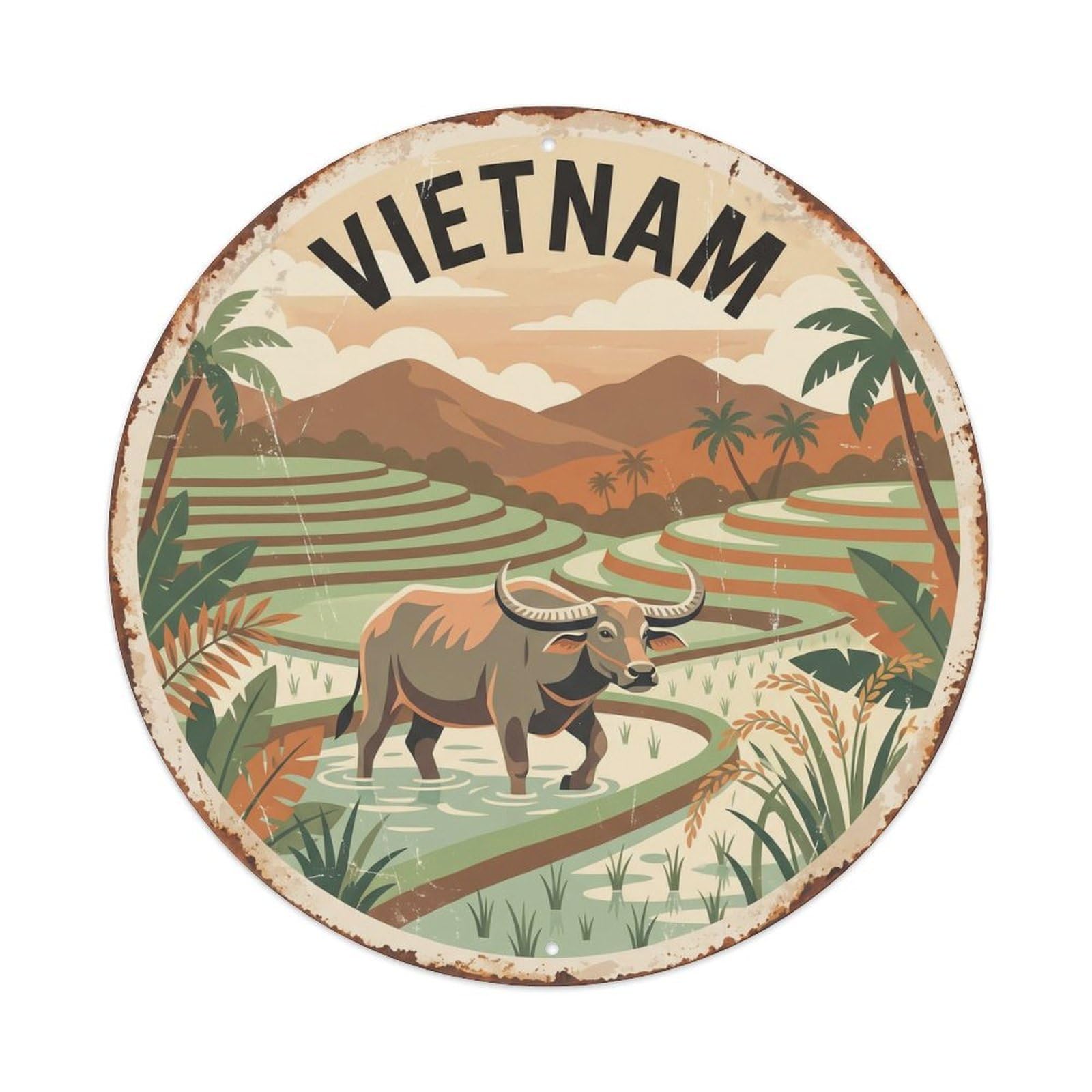 Vietnam Water Buffalo Rice Terraces Metal Tin Sign
