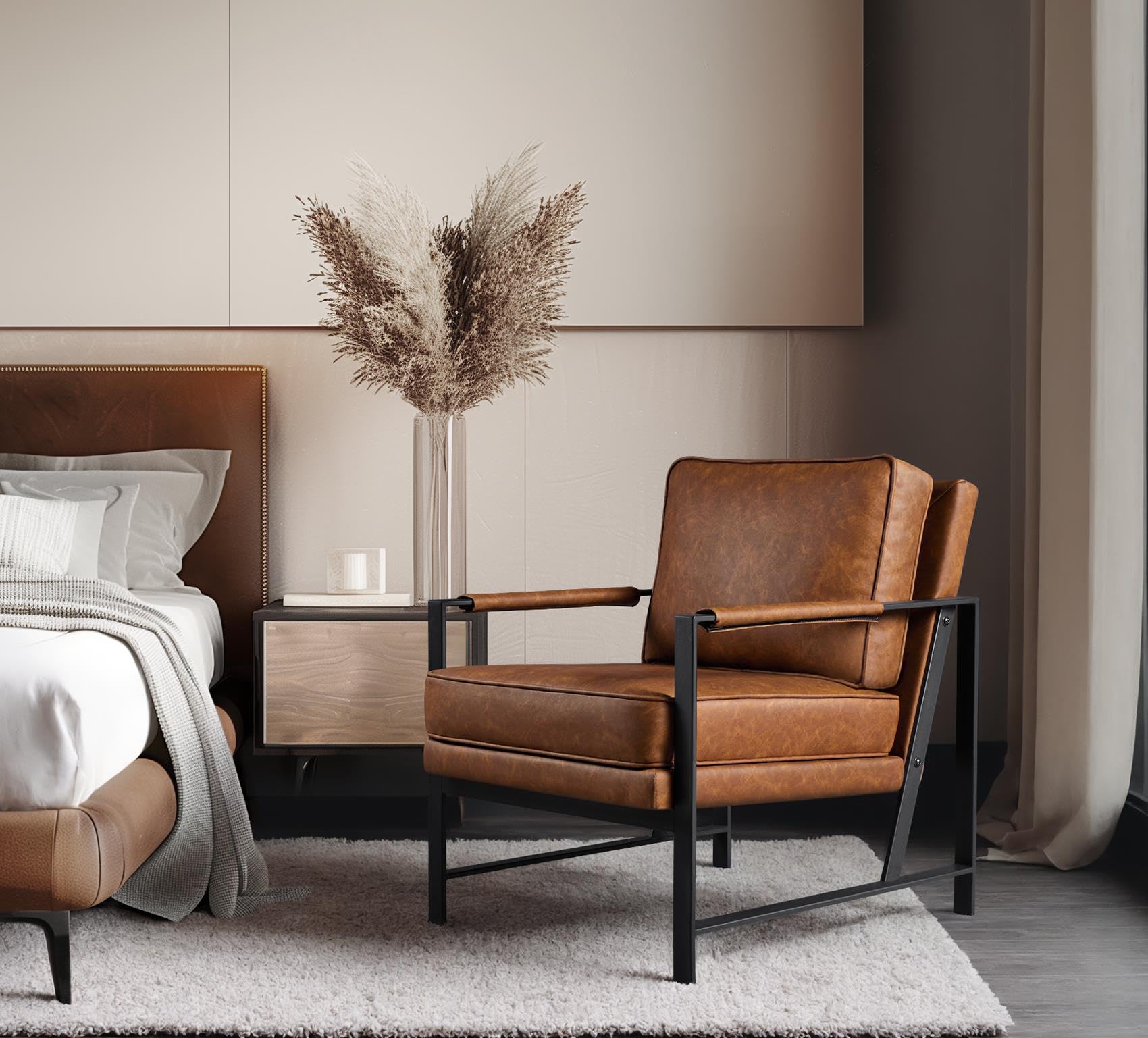 Yaheetech Retro Sessel Stuhl Lehnstuhl Relaxsessel mit Rückenlehne Einzelsessel mit Metallrahmen und Kunstleder, Hellbraun