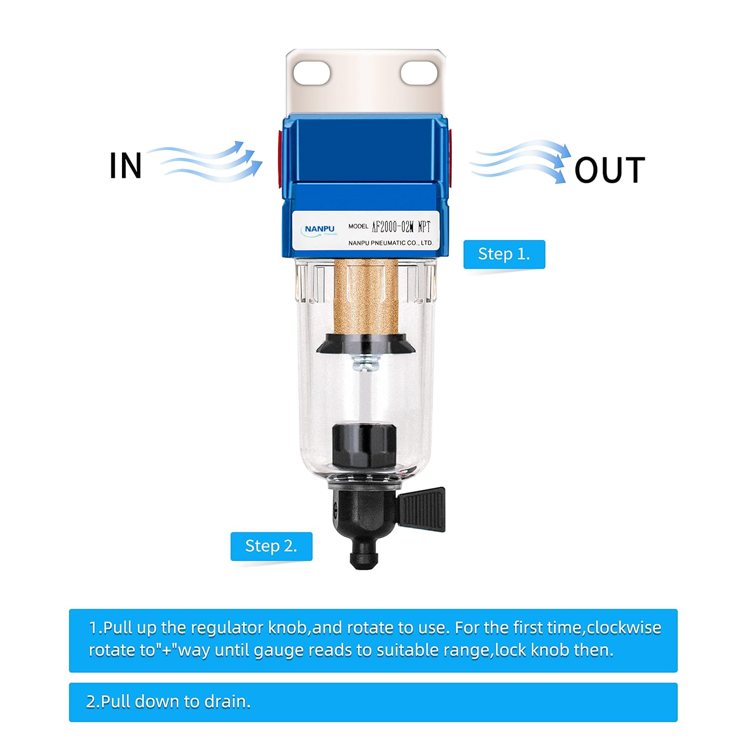1/4" NPT Compressed Air Line Filter, Manual Drain | 5 Micron Brass Element, Manual Drain, Bracket, Poly Bowl, 145 PSI