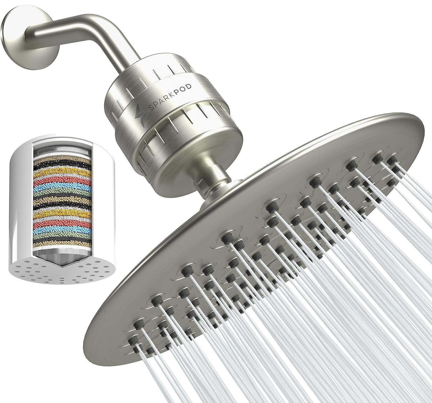 SparkPod Luxury Filtered Shower Head Set, 23 Stage Shower Filter, Reduces Chlorine and Heavy Metals, High Pressure Shower Head Filter (9.5 Inch Round, Elegant Brushed Nickel)