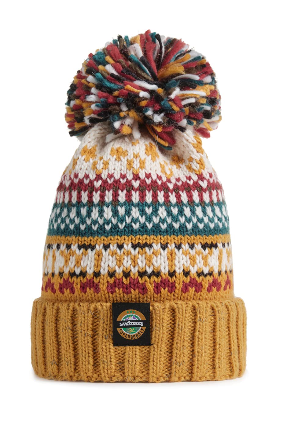 Superbobble Unisex Kids Red/Blue/Black Nordic Knit Reflective Beanie Bobble Hat - Mustard