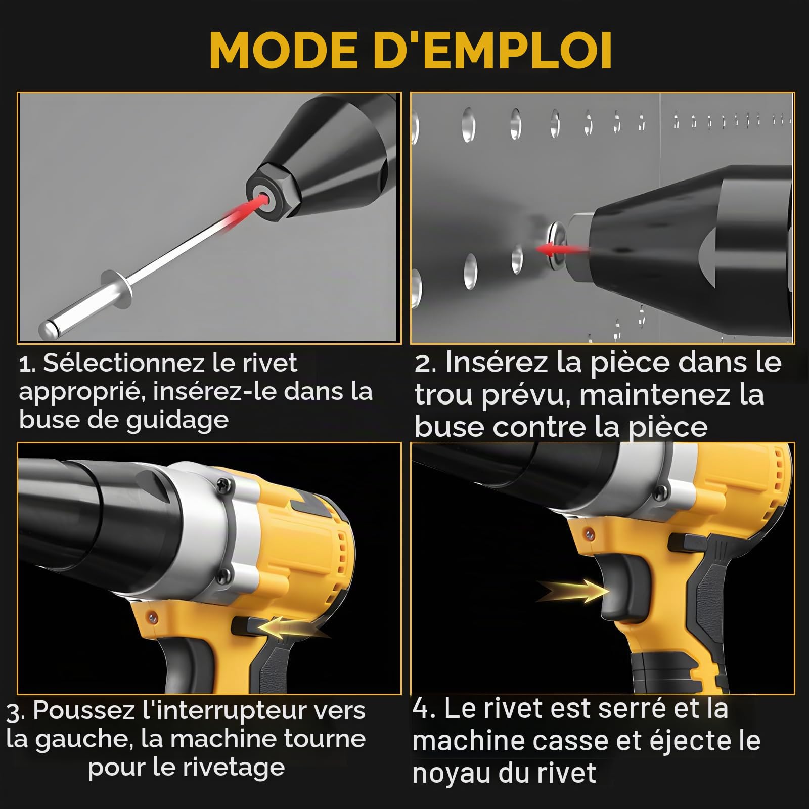 Pistolet à Riveter Sans Fil compatible avec Dewalt Batterie 18V (sans batterie), Riveteuse à Batterie Automatiques avec 40 Rivets pour 1/8" et 5/32" pour Métal, Plastique et Cuir