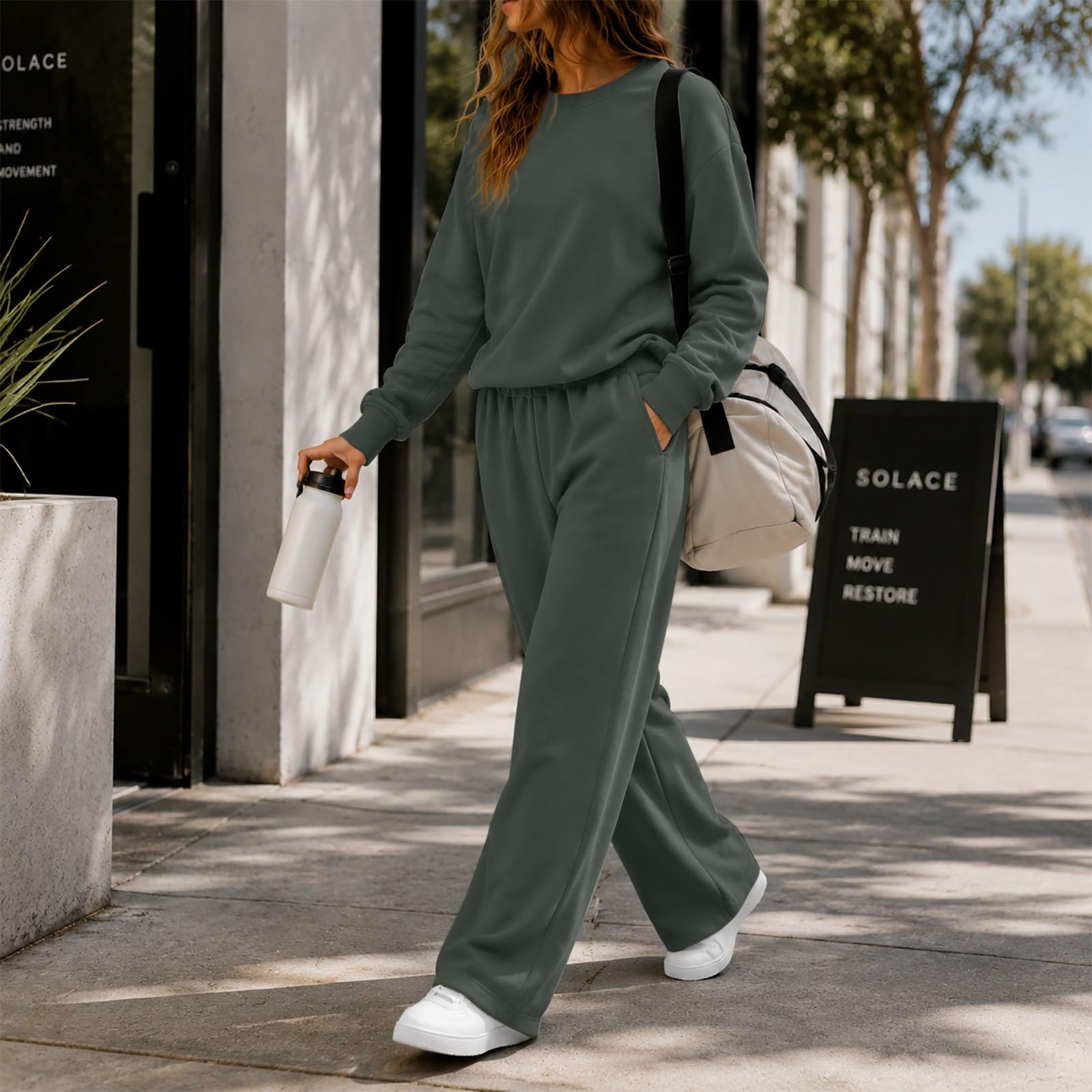 Completo Fitness Donna 2 Pezzi Completi Palestra Manica Lunga Girocollo Tuta Da Ginnastica Completo Sportiva Elegante Set Top E Pantaloni a Gamba Larga Tute Per Jogging Yoga Fitness Da Casa Autunno