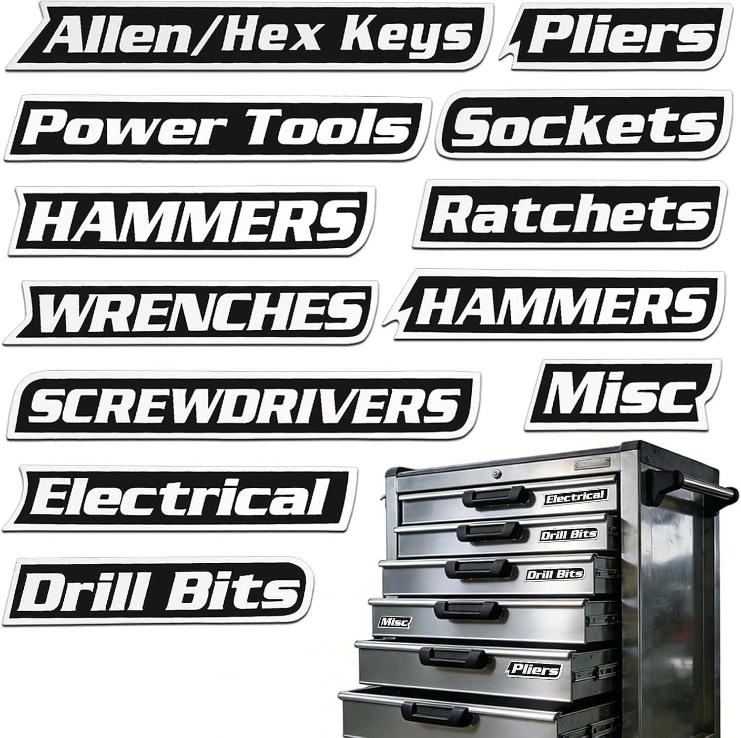 12Pack No Adhesive Strips Magnetic Toolbox Labels, Tool Box Labels with Magnetic Backing for Steel Toolboxes, Drawers & Cabinets, Tool Box Organize Accessories for Mechanics & DIY Enthusiasts (Black)
