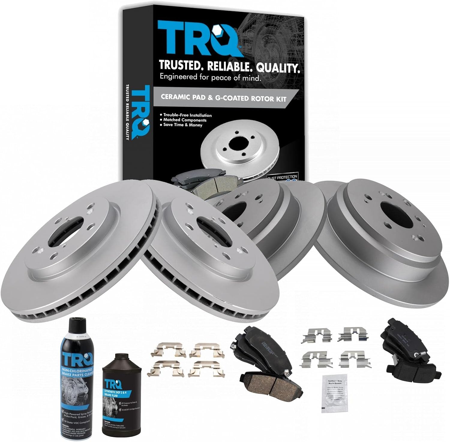 TRQ Front and Rear Brake Pad & Rotor Kit Brake Chemical Kit Brake Pads Brake Rotor Ceramic Premium G-Coated Compatible with 2005-2010 Honda Odyssey