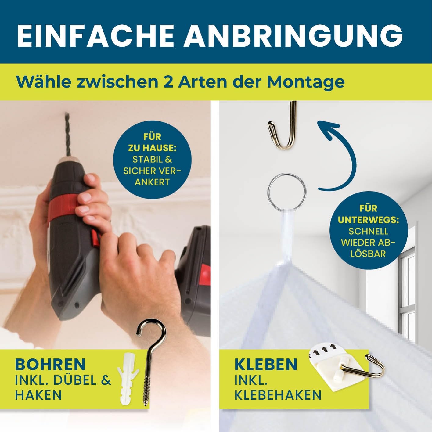 HOBERG Moskitonetz Reise | XXL Mückennetz Bett für Kinderbett, Einzel- & Doppelbett | Outdoor Moskitozelt 400 Mesh für Balkon | Insektenschutz Baldachin zum Kleben oder Bohren - mit Spannring 60 cm Ø