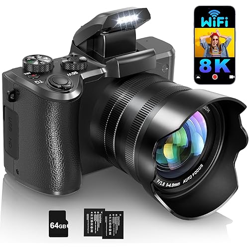 8K Digital Cameras for Photography Autofocus, WiFi 88MP Vlogging Camera with Dual-Lens, Flash, 16X Digital Zoom, Touch Screen, Travel Camera Anti-Shake with Lens Hood, 64GB Card,2 Batteries
