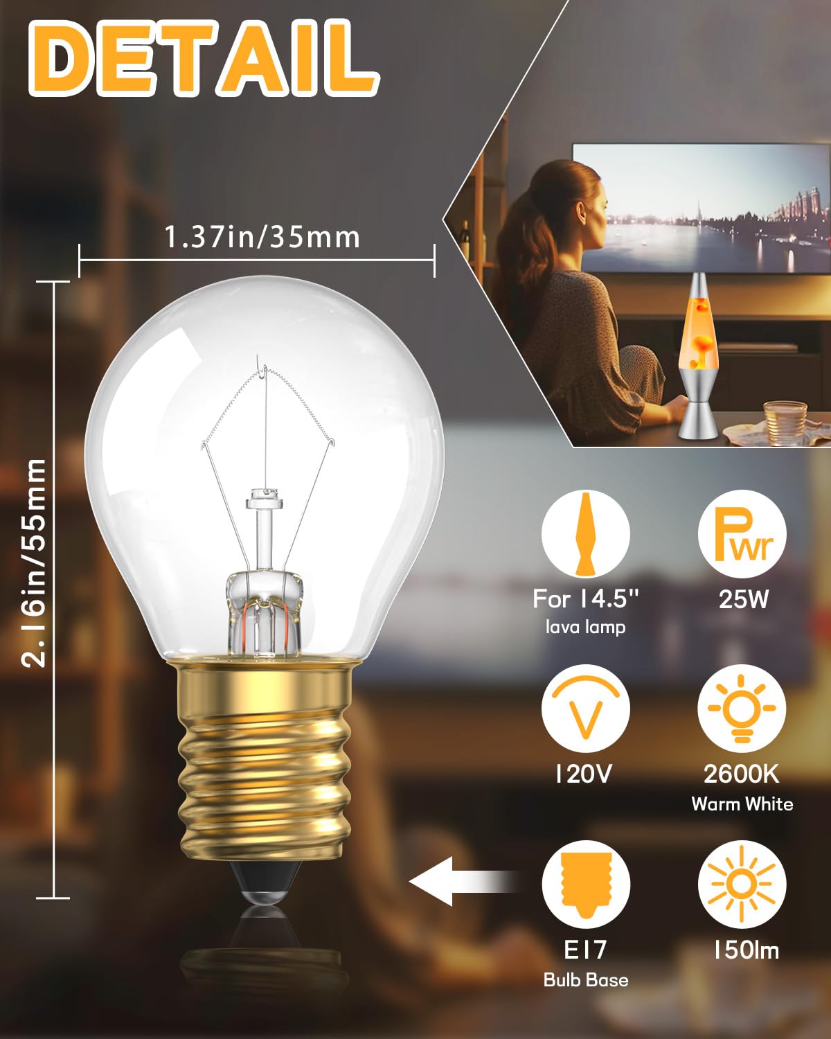 Bombilla de lava de 25 W, base S11 E17, 25 W 120 V para lámpara de lava de 14.5 pulgadas, bombillas regulables, bombillas base E17, paquete de 2 unidades 2