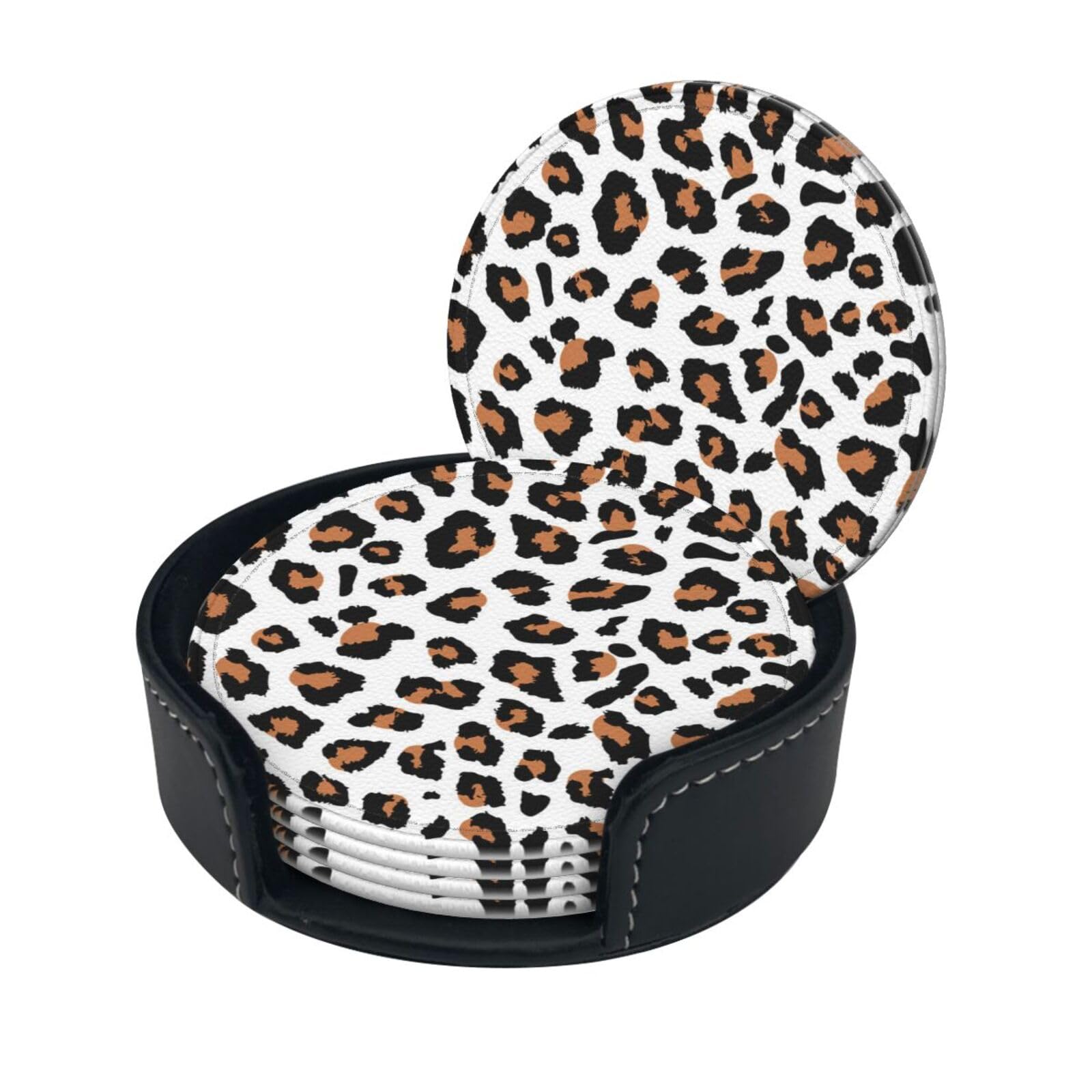 Lklddpzb White Leopard Print Round Leather Coasters - Set Of 6, Ultra-Fiber Pu Leather