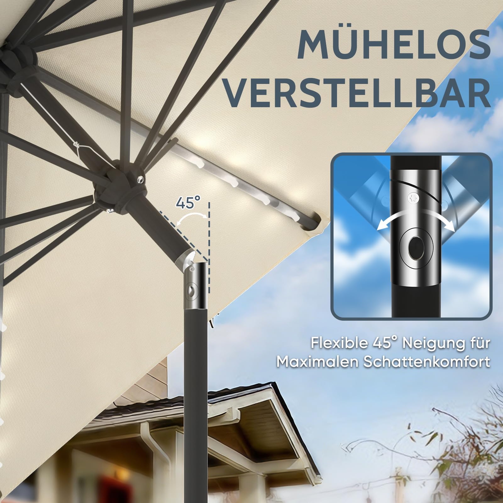 Huracan Sonnenschirm mit LED solar Ø300cm, Gartenschirm ohne Ständer, Balkonschirm Strandschirm UV-Schutz Polyester Wasserabweisend und Schmutzabweisend, Groß Marktschirm für Balkon Terrasse, Creme