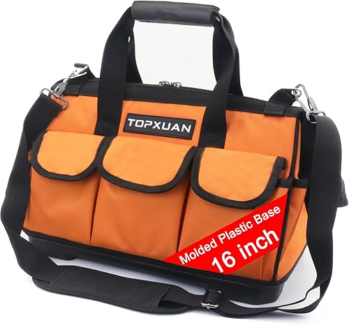 Bolsa de herramientas de 16 pulgadas, base de plástico moldeada, resistente, impermeable, naranja, organizador de herramientas, boca ancha con