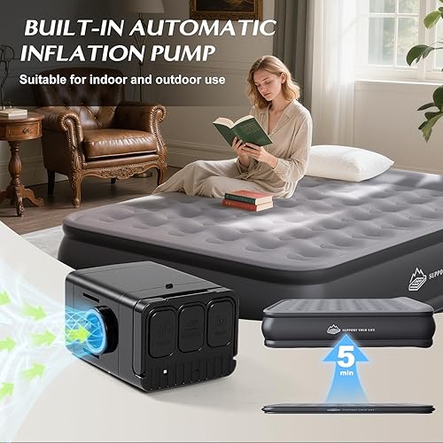 Miniatura 6 de Colchón de aire Queen con bomba incorporada, colchón de aire de un solo toque con almohada, sin olor peculiar para camping, hogar, invitados y