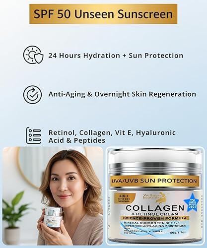 Miniatura 6 de Hidratante facial diario con SPF 50 Retinol, ácido hialurónico y colágeno con crema antienvejecimiento, reafirmante y reafirmante y protección