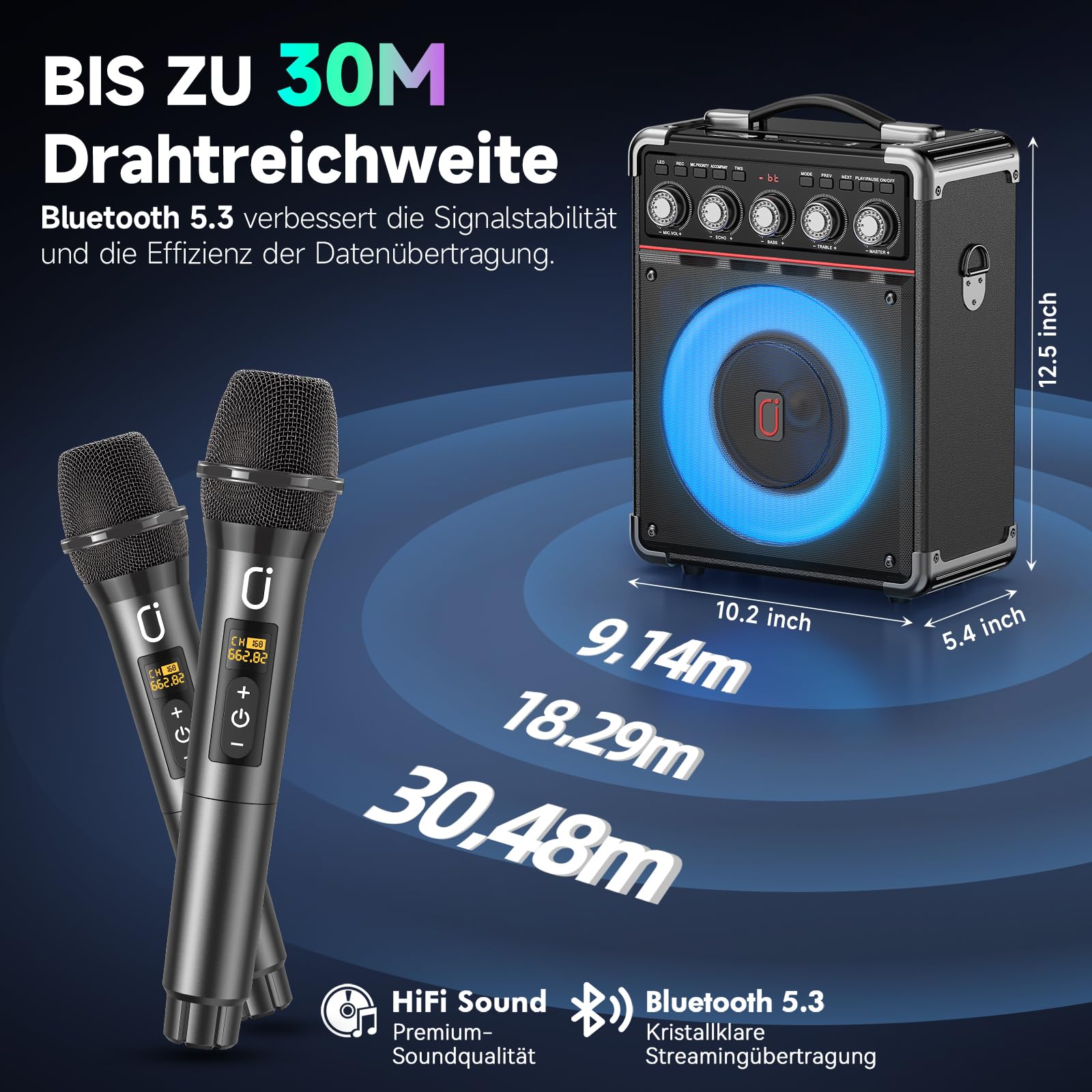 JYX Karaoke Maschine mit 2 kabellosen Mikrofonen, tragbare Karaoke Box Bluetooth 5.3 für Erwachsene & Kinder, 100W RMS PA Lautsprecher mit 6,5" Bass, LED-Licht, Echo/Bass/Höhen-Regler, TWS, USB/AUX/TF