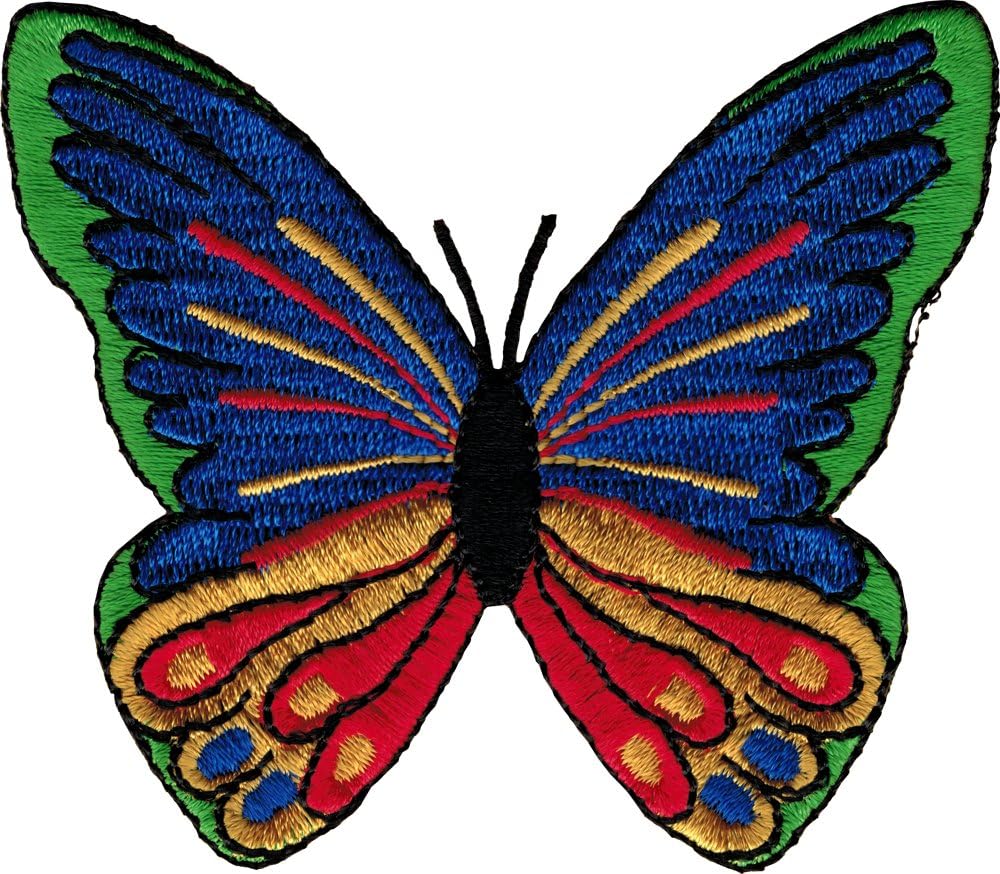 Beautiful Butterfly in Primary Colors (Red, Orange, Yellow, Green, Blue, Purple & Black) - Embroidered Iron On or Sew On Patch