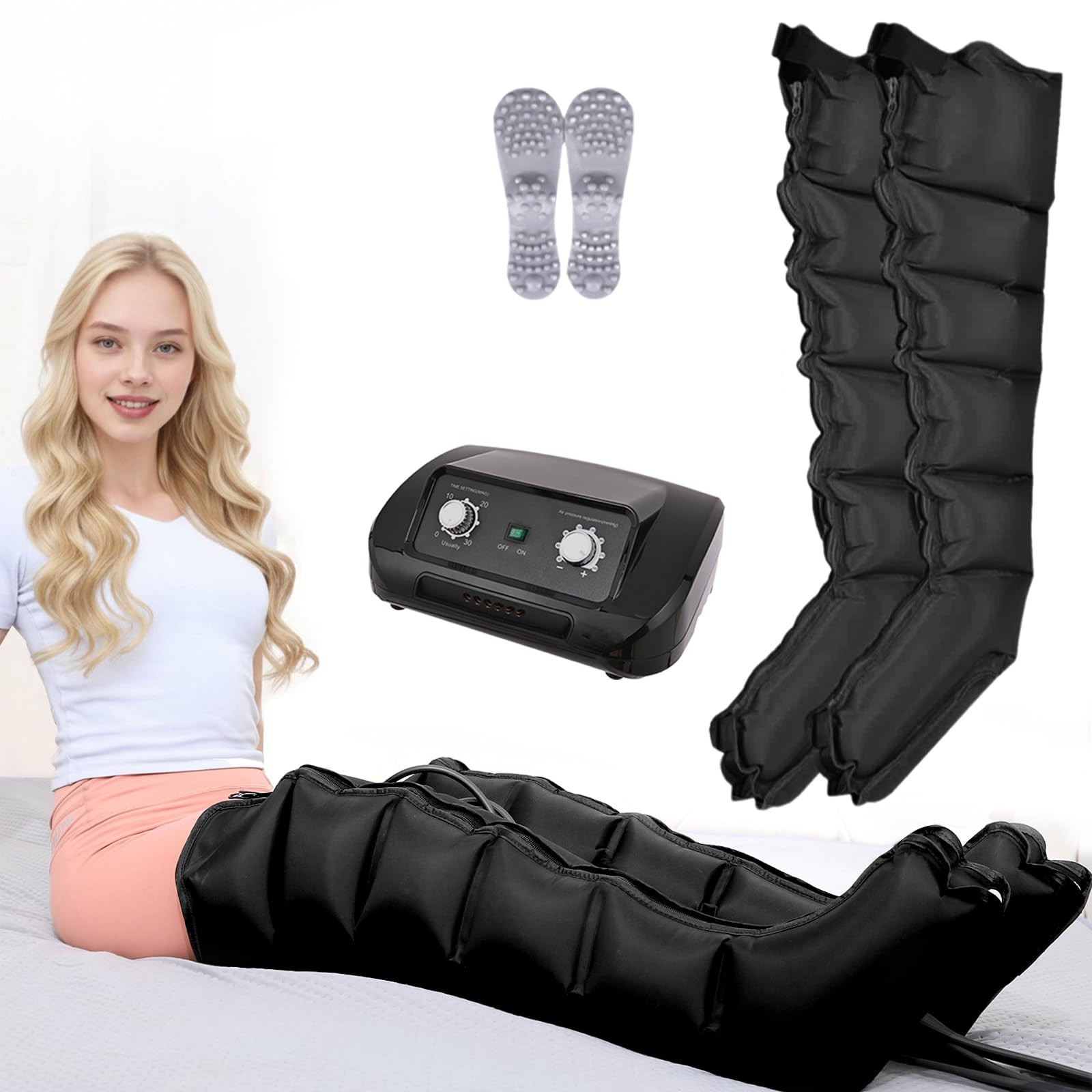 Lymphdrainage Gerät Beine Arme und Bauch | 6-chamber Presoterapia Recovery Boots zu Hause Beinmassagegerät | Professionelles Presotherapie, Verstellbar 30-240 mmhg (Schwarz 2 Beine, M)