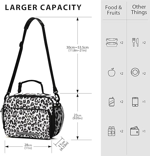 Miniatura 4 de Lonchera de leopardo blanco y negro para niñas y niños, bolsa térmica con aislamiento de camuflaje, bolsas de almuerzo reutilizables para la