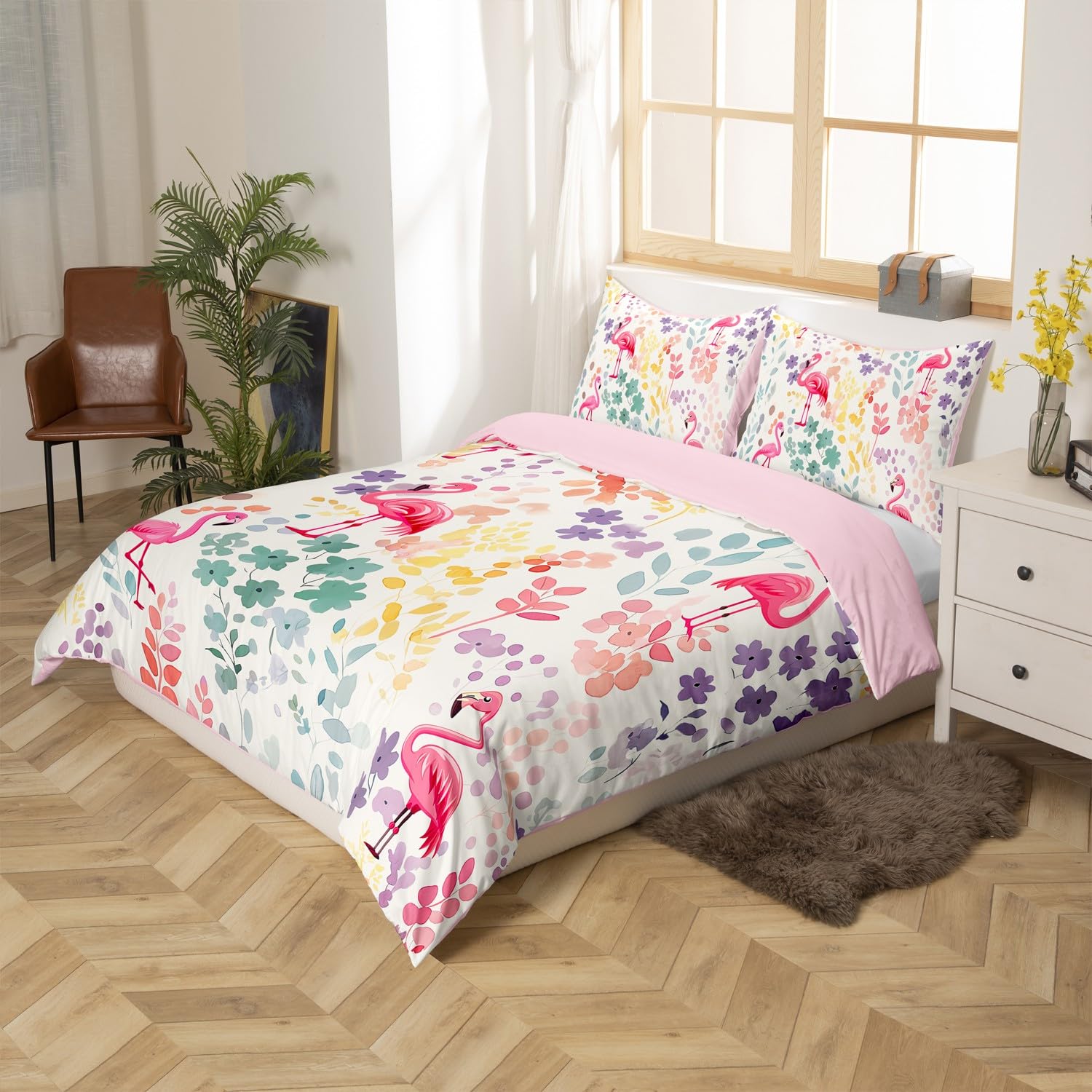 Homewish - Funda nórdica infantil flamenco rosa Kawaii, juego de cama de 140 x 200 cm, estampado flamenco, juego de fundas nórdicas florales de acuarela y cubre cama animales salvajes