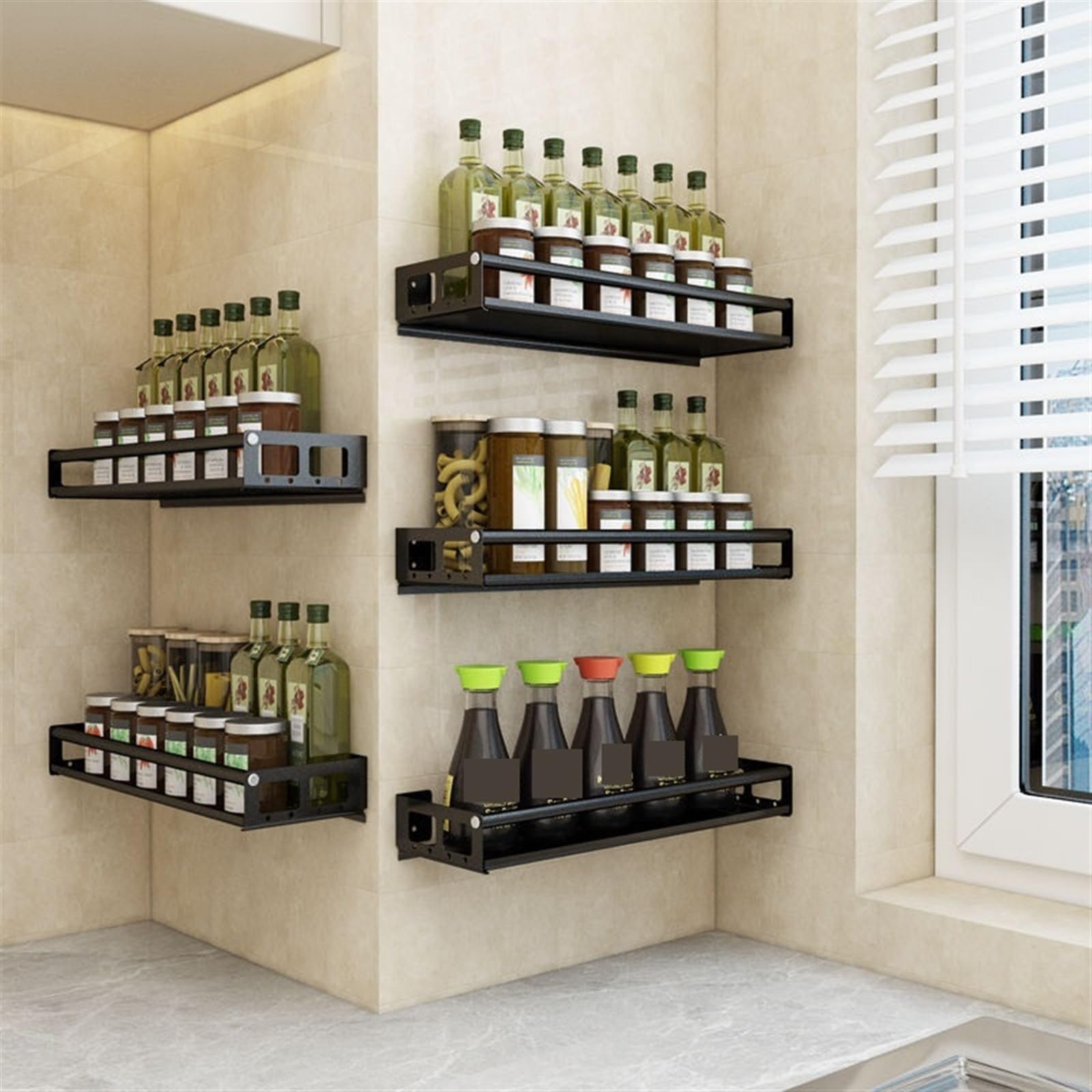 Organizador de especias Estantes organizadores de cocina montaje en pared, estante almacenamiento for tarros especias, soporte for condimentos, acero inoxidable, accesorios(Black-50*12.5*5cm)