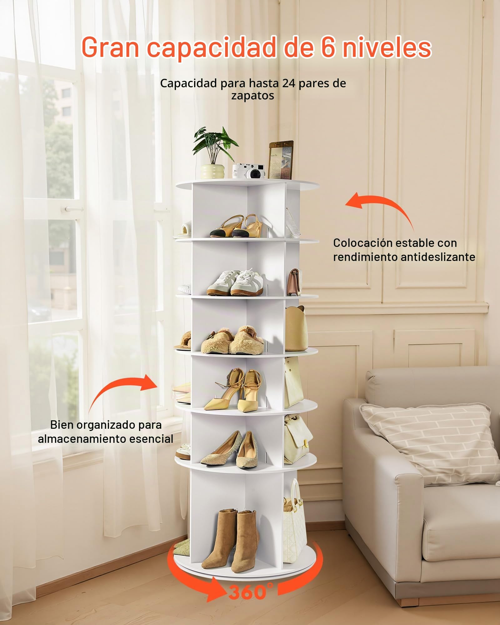 VEVOR Zapatero, Armario para 24 Pares de Zapatos, 6 Estantes y 4 Compartimentos, Giratorio 360°, Ahorra Espacio, Ideal para Dormitorio, Sala de Estar o Recibidor, Blanco, 598 x 598 x 1570 mm