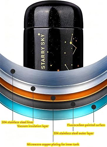 Miniatura 5 de Mini botella de agua térmica con cielo estrellado, 7 onzas, de acero inoxidable, con aislamiento al vacío, botella con bolsillo para amantes (negro)