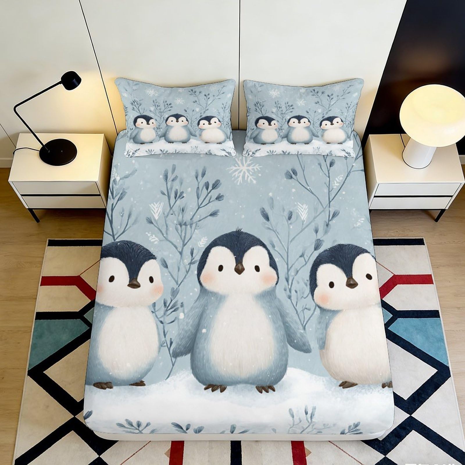 3D Printed Cute Penguin Fitted Sheet Microfiber Soft Breathable Winter Snowflake Bed Cover for Bedroom Dormitory Guest Room Mattress Protection Decor 120x200x25cm
