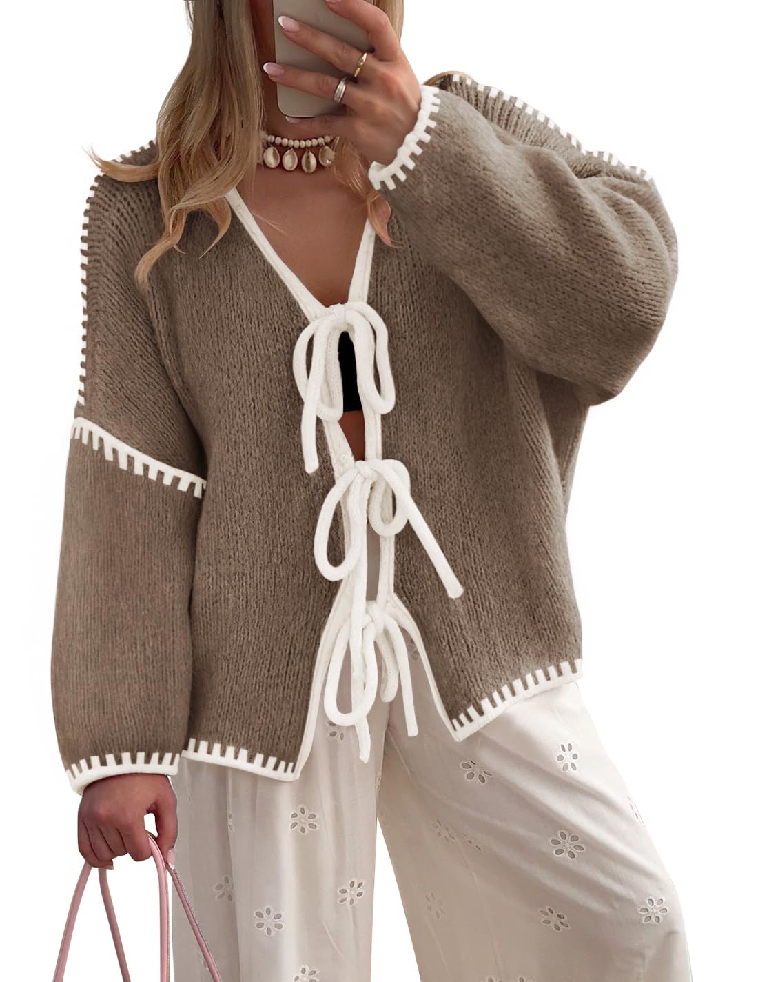 ZESICA Womens Long Sleeve Cardigans Tie Front Bow Sweaters