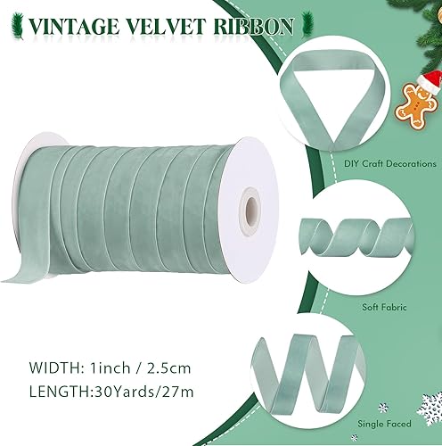Miniatura 29 de Chuangdi 3/8 pulgadas, 60 yardas, cinta de terciopelo azul verde azulado de Navidad, cintas anchas de terciopelo vintage para adornos de árbol