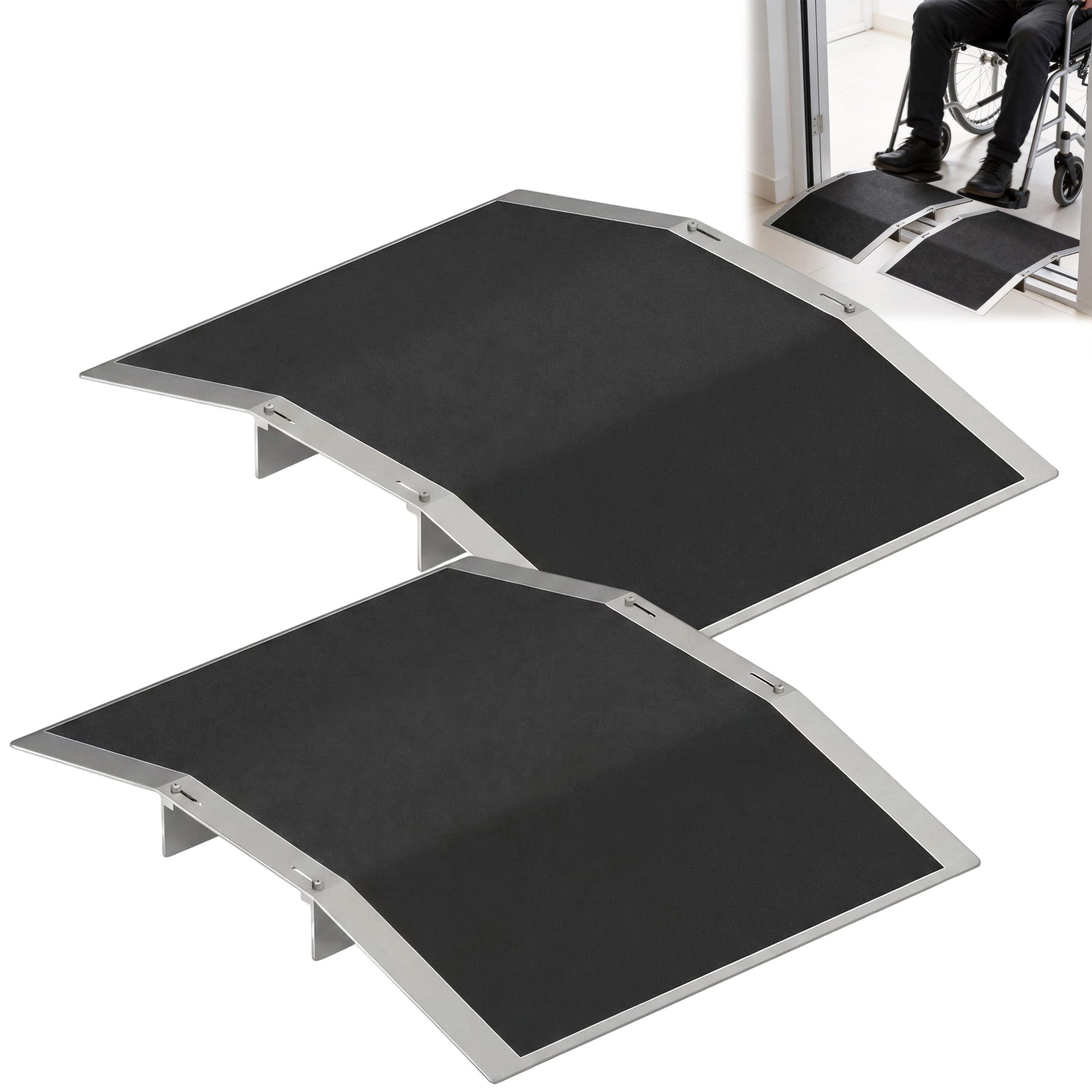 Lot de 2 rampes de seuil de porte - 30 x 43 cm - Rampe de fauteuil roulant réglable en aluminium - Pour passages de porte de 7 à 13 cm de large - Antidérapante - Pour fauteuil roulant, vélo - Charge
