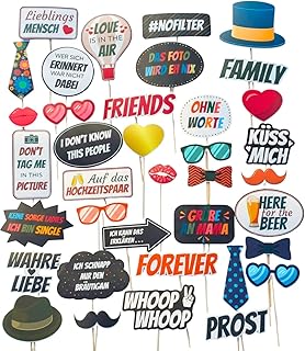 Fotobox Accessoires für Hochzeit -37-teiliges Premium Foto-Set für unvergessliche Hochzeitsbilder – Lustige Requisiten für Photo Booth Party Zubehör