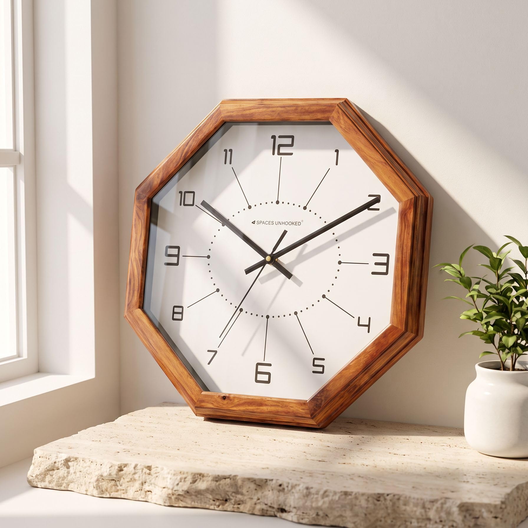 Wooden Wall Clock – Teak Wood, Modern Design, Dotted Minimal Dial, 33cm Silent Sweep Clock for Living Room, Hall, Bedroom & Office-image-21
