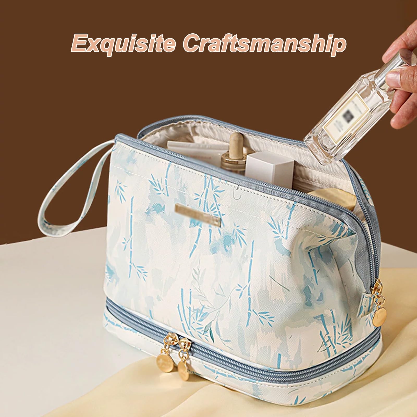 Portatile Borsa Trucco, Beauty Bag, Pratico Organizer per Pennelli da Trucco e Accessori Estetici da Donna, con Motivo Floreale Botanico e Comoda Maniglia per Il Trasporto(Black)