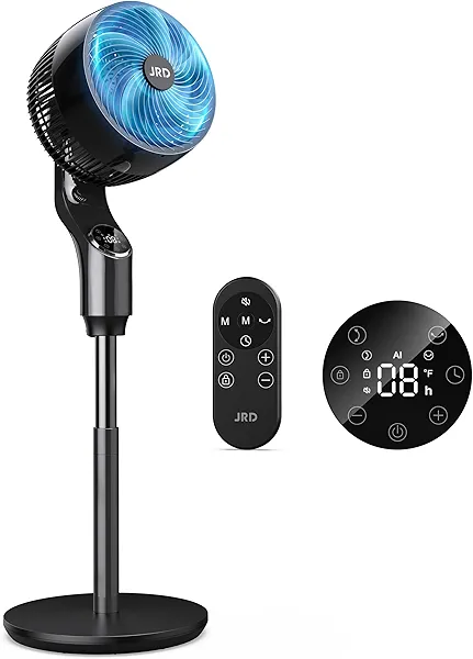 JRD Pedestal Fan, 70°+85° Omni-directional Oscillating Fan For Bedroom, 100ft Circulator With Remote, DC Motor Quiet Standing Fans, Adjustable Height, 32 Speeds, 5 Modes, 24H Timer, Home