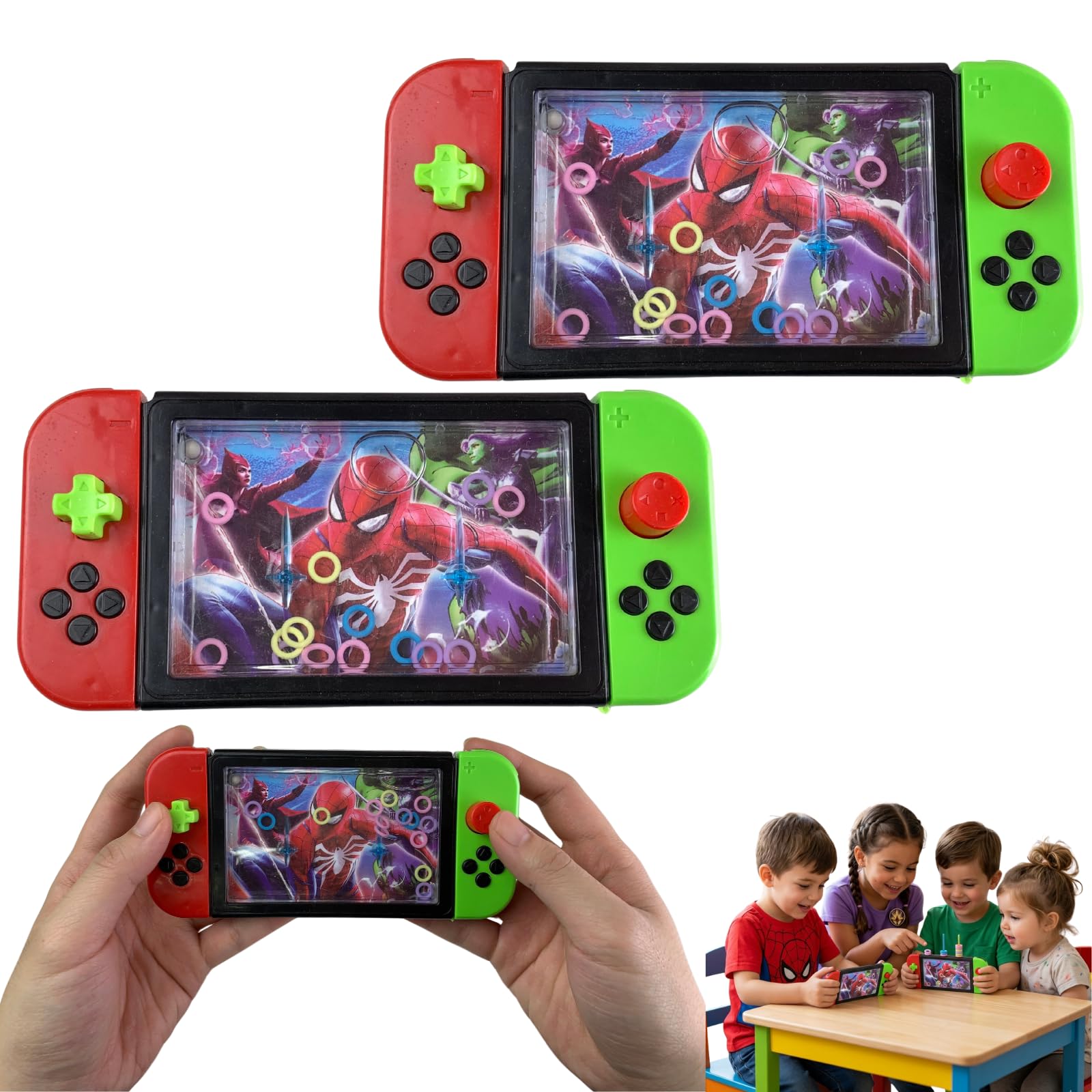 SRV Hub Marvel Spiderman Water Ring Game 2Pcs for Kids 3+, Licensed Handheld Travel Toy, Retro Push Button Interactive Sensory Game, Party Bag Filler, Screen-Free Fun – 15cm — image 1