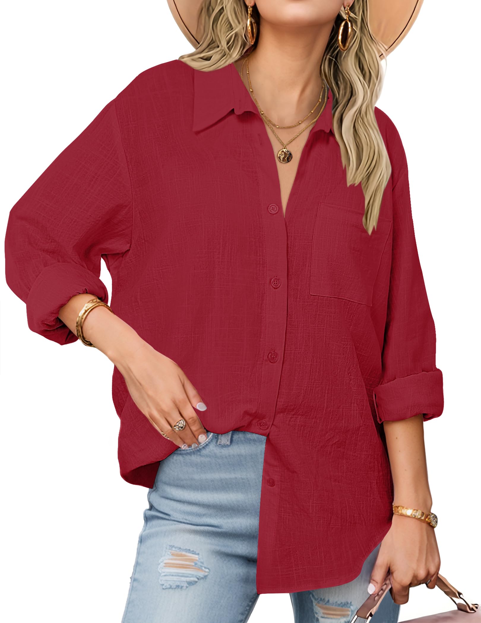 Zeagoo Linen Button Down Shirts for Women Long Sleeve Cotton Gauze Tops Casual Collared Blouses Loose Fit
