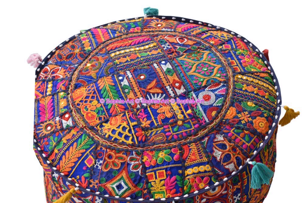 Sophia-Art Indian Embroidered Patchwork Cover Indian Decorative Pouf Indian Comfortable Floor Cotton Cushion Ottoman Pouf,Indian Designs Ethnic Patchwork Pouf (Blue Rajkoti, 18"x13") 1