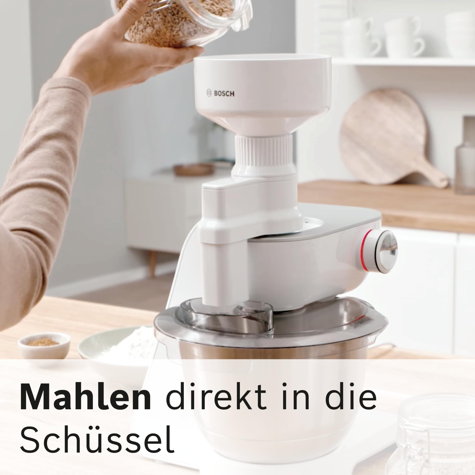 Bosch Getreidemühle MUZ5GM1, Zubehör passend für Küchenmaschine Serie 4, Serie 2, stufenlos, für alle Getreidesorten (außer Mais), auch für Ölsaaten, weiß
