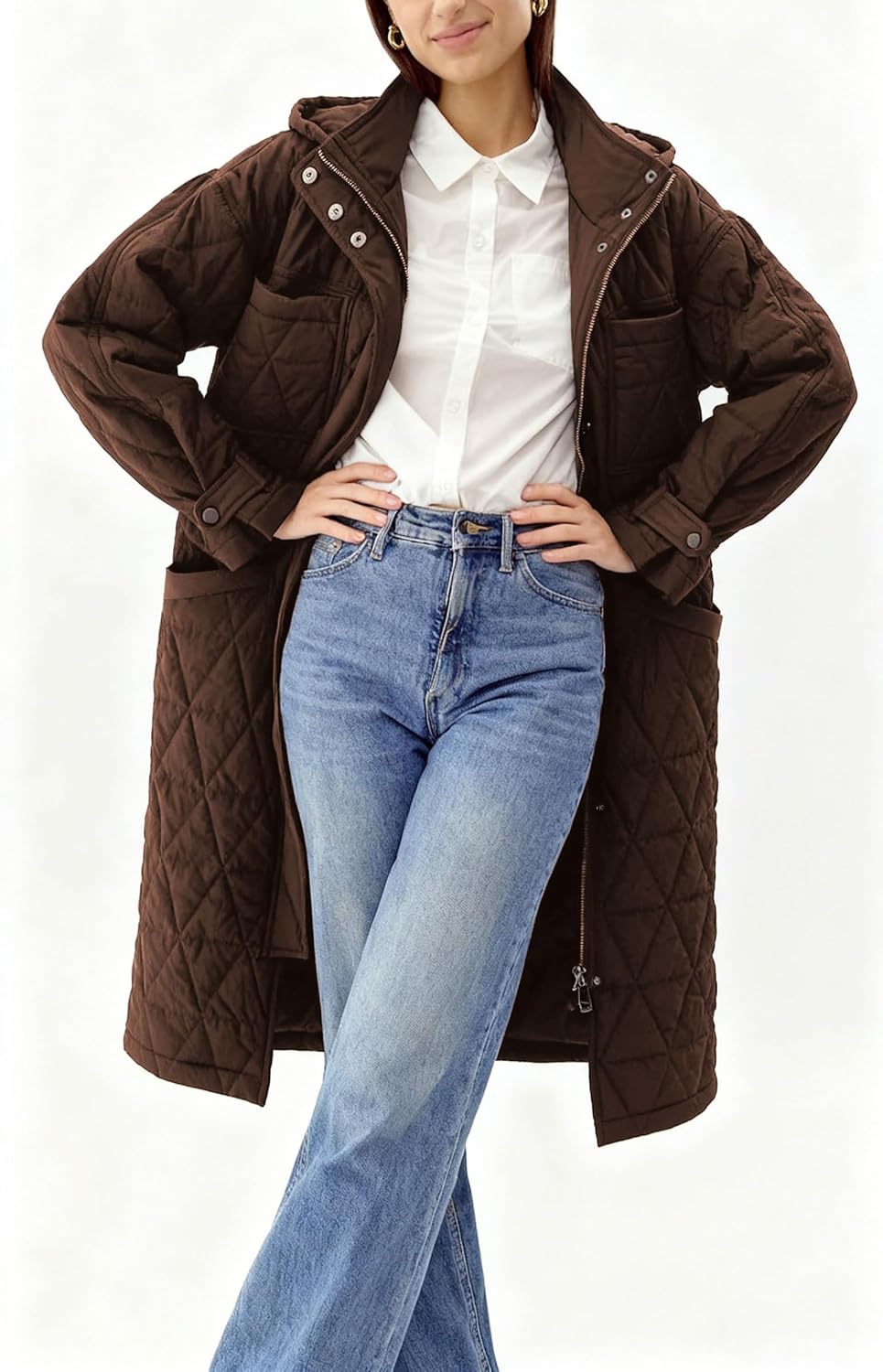 Women's Winter Long Puffer Coats Oversized Long Sleeve Parka Full Length Down Coats With Hoodies(Brown-M) - Image 4
