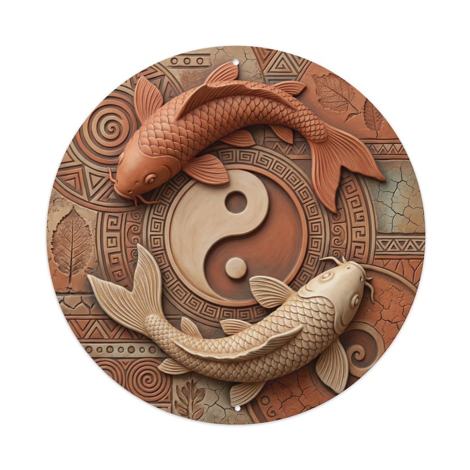 Metal Tin Sign Tai Chi Koi Fish Terracotta Clay