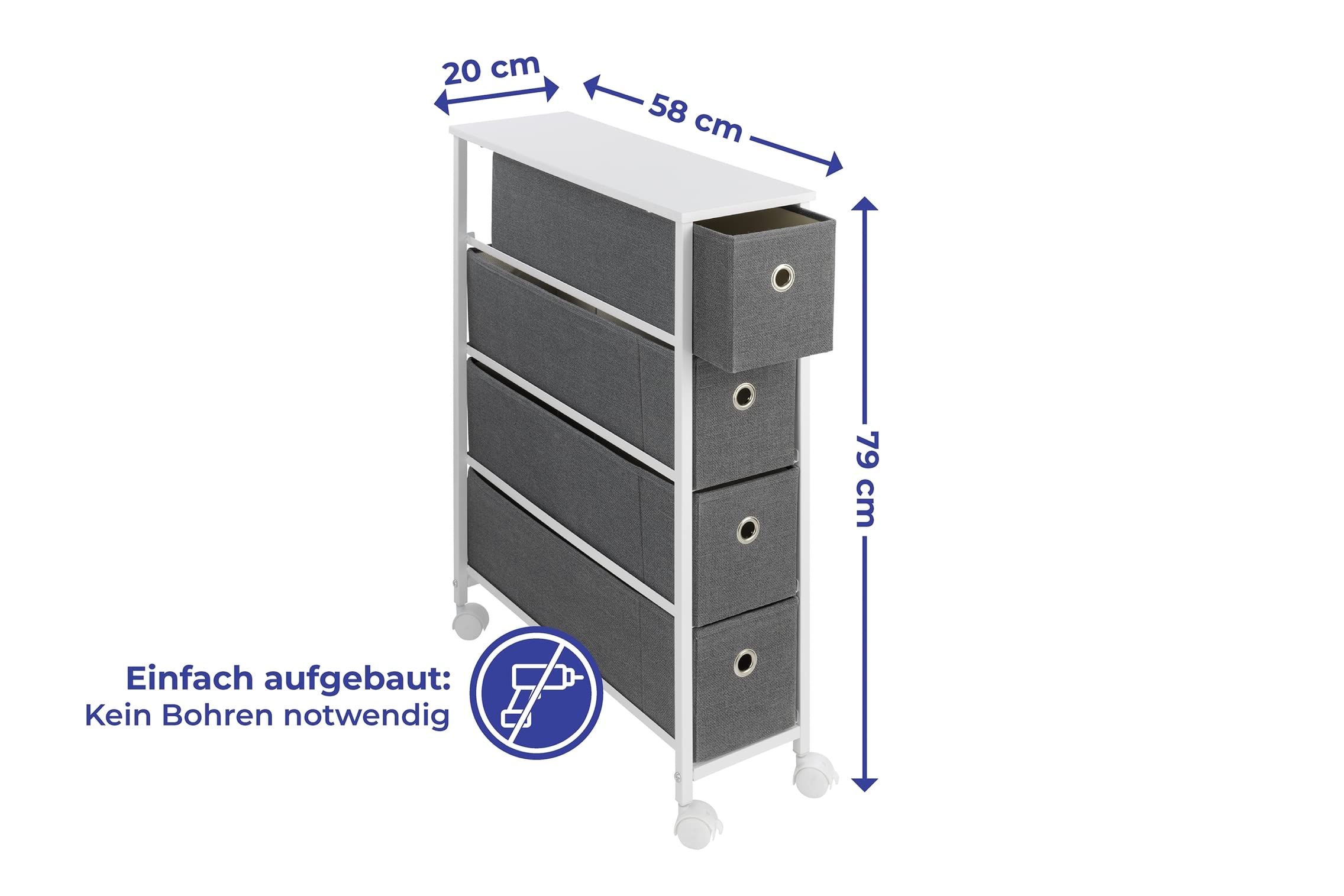 Maximex Nischenregal 4 Schubladen - Nischenregal mit 4 extra-tiefen Schubladen & 4 leichtgängige Rollen, Metall, 20 x 58 x 79 cm, Weiß