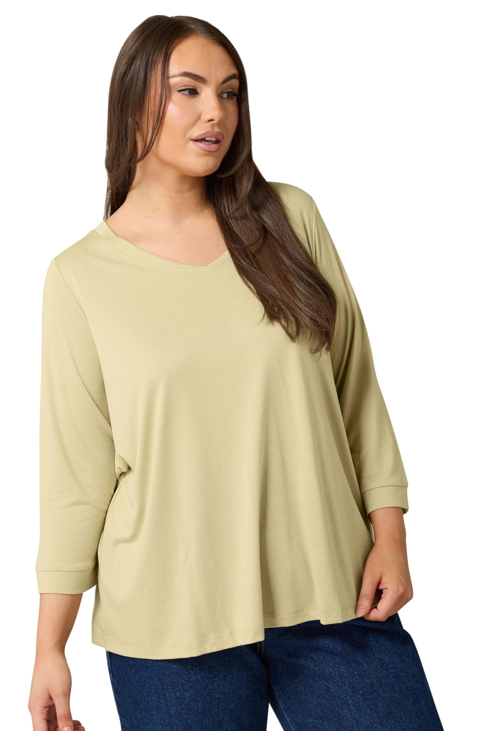 Evans Women's Light Brown Curve Natural Brown V-Neck Modal Rich Top - Plus Size Curve
