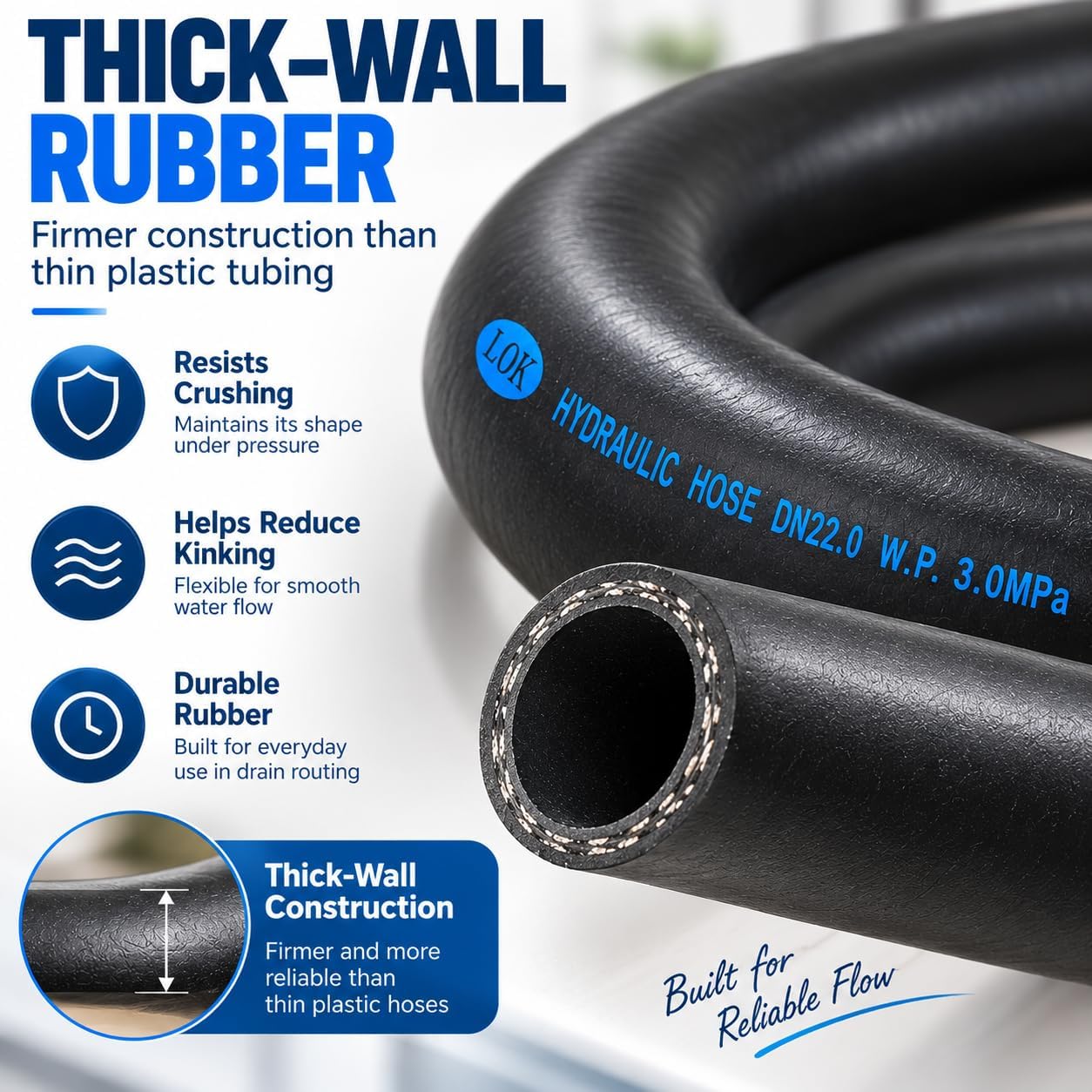 7/8 Inch Dishwasher Drain Hose, 6 FT Rubber Hose with 2 Clamps