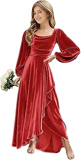 Velvet Junior Bridesmaid Dresses Long Sleeve Ruffle Flower Girl Dress for Wedding Guest Formal Christmas Gowns