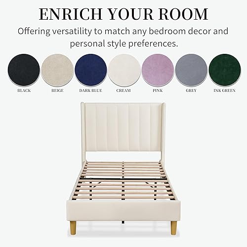 Miniatura 9 de QNZK Base de cama tapizada con cabecero y listones de madera fuertes, no necesita somier, pie de madera silencioso fácil de montar (crema,