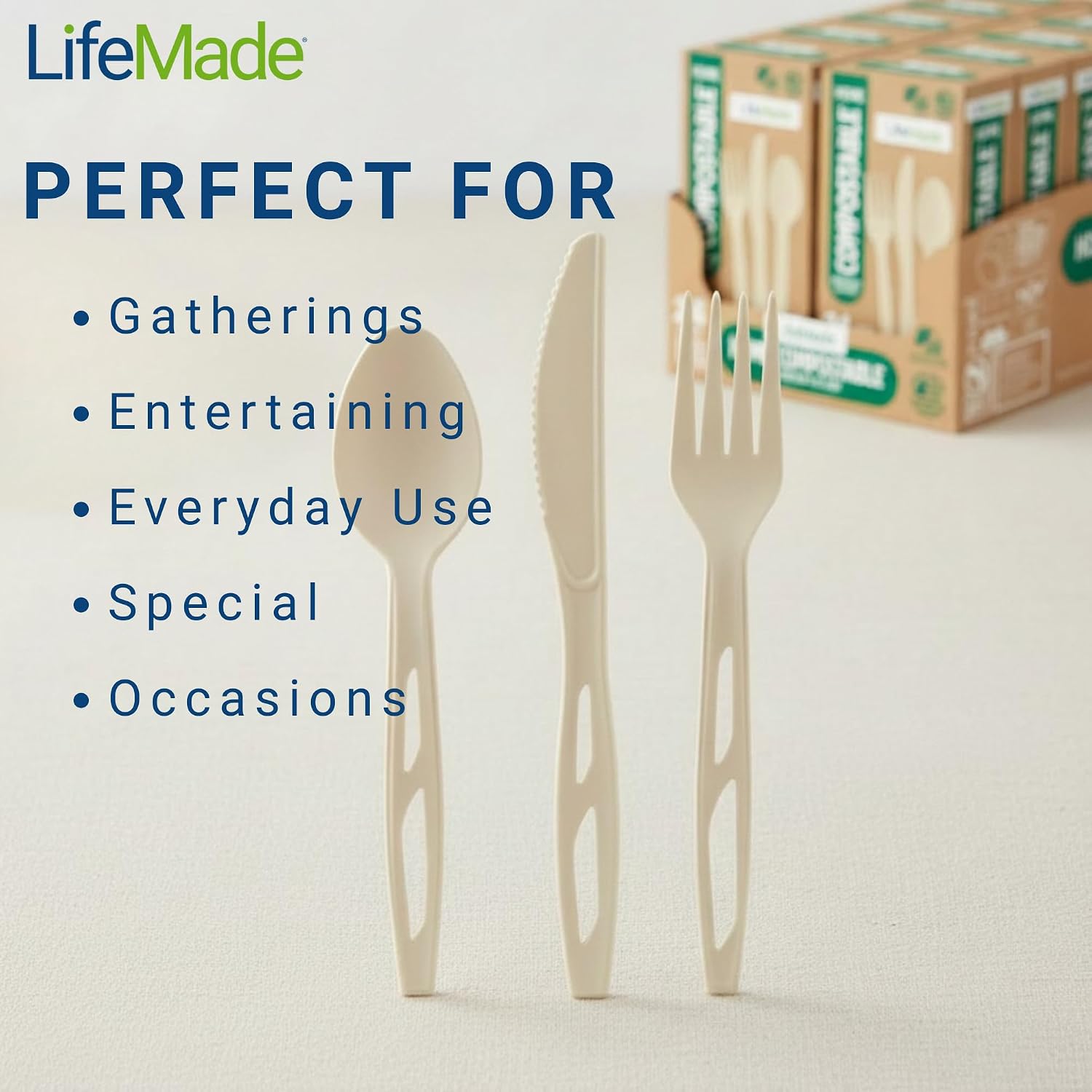 Home (TUV OK compost HOME Certified) and Commercially Compostable (BPI Certified) Cutlery - 12 Boxes per Case; 24 Utensils per Box (8 Fork, Spoon, and Knife Sets)