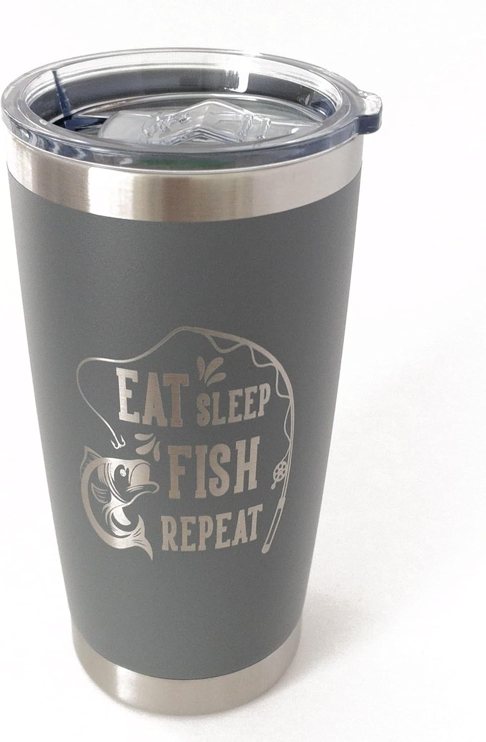 Eat Sleep Fish 20oz Stainless Steel Tumbler with Lid (Grey), Fishing Travel Mugs for Men, for Him - Image 2