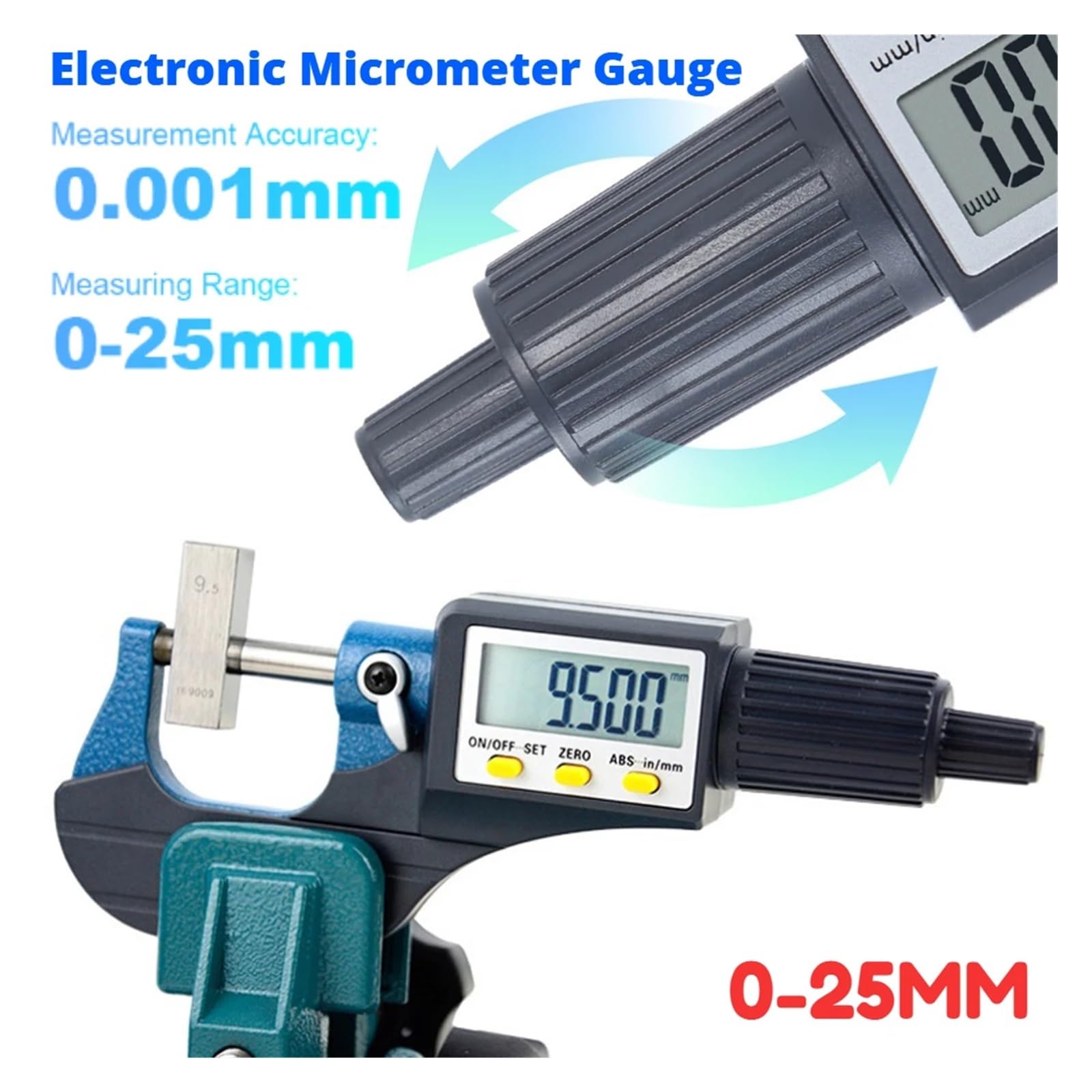 Mikrometr Cyfrowy, Cyfrowy uchwyt mikrometryczny 0-25mm Ekran LCD Elektroniczny mikrometr zewnętrzny z linią skali 0,01mm Bardzo precyzyjny suwmiarka(0-25mm)