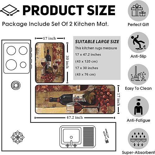 Miniatura 13 de Juego de 2 alfombras y tapetes de cocina antideslizantes, lavables, color negro, suaves, superabsorbentes, antifatiga, juego de tapetes de cocina