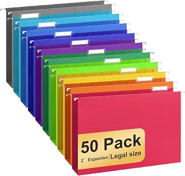 Hanging File Folders Legal Size, 50 Pack File Folders with 1/5 Cut Adjustable tabs, 2" Expansion, Reinforced Hanging Folders Legal Size, Designed for Legal and Law Office File Organization