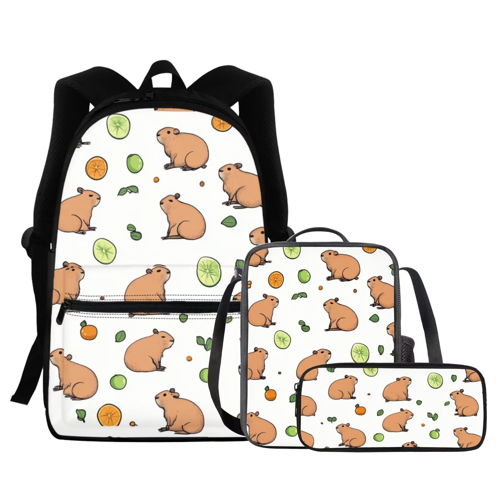 doginthehole Cute Capybara Backpack for Girls Lemon Printed Kids School Backpack with Lunch Bag 3-in-1 Large Capacity Girls Bookbag Ages 6-8 for Elementary School Preschool 15inch Canvas Bags